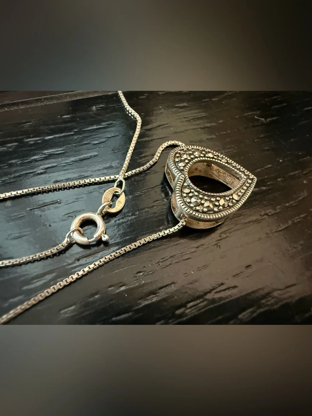 Vintage Sterling Silver Marcasite Heart Side Pendant SS Necklace